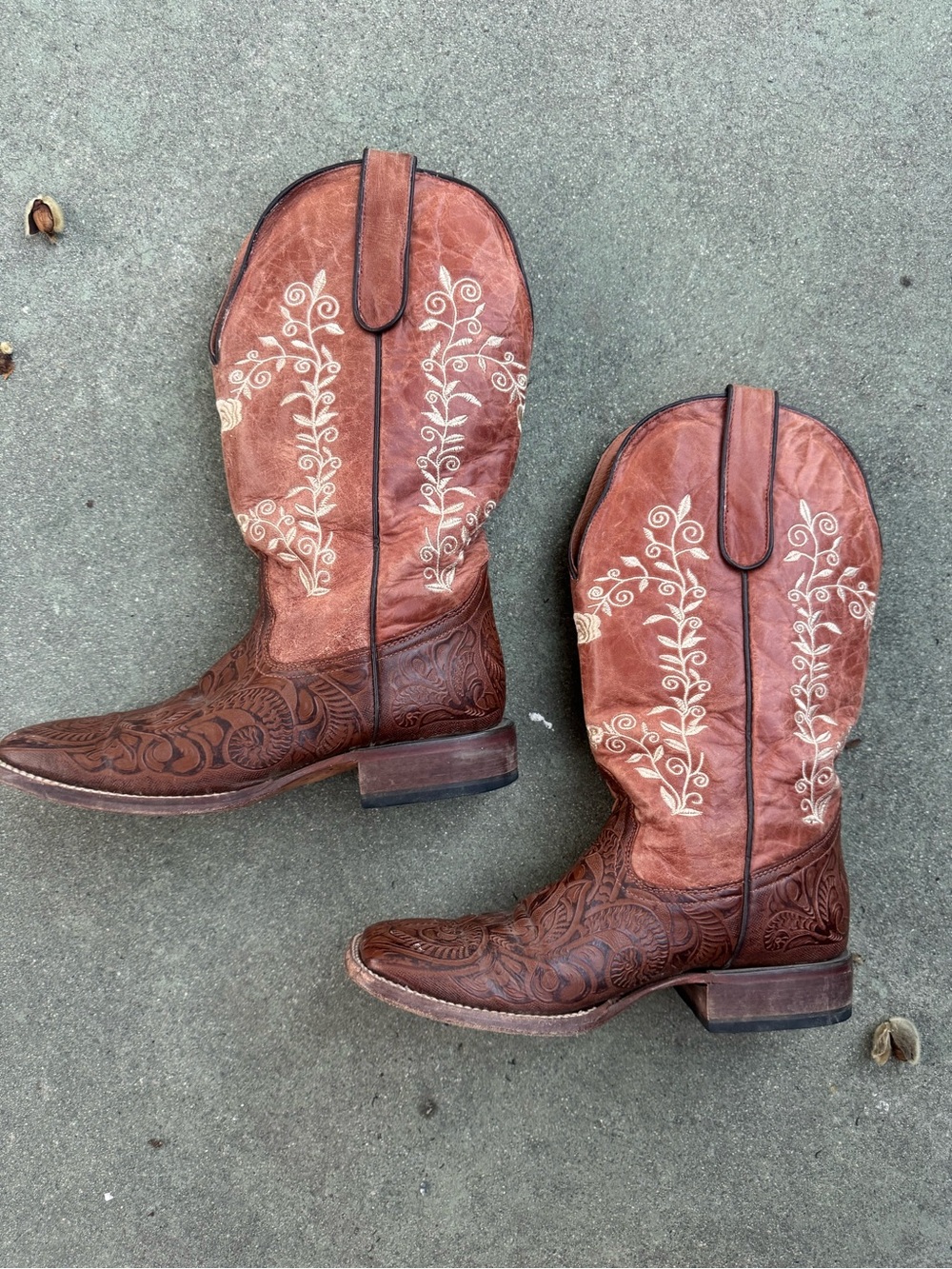 Tanner Mark Brown Floral Embossed Western Cowgirl Boots Embroidered